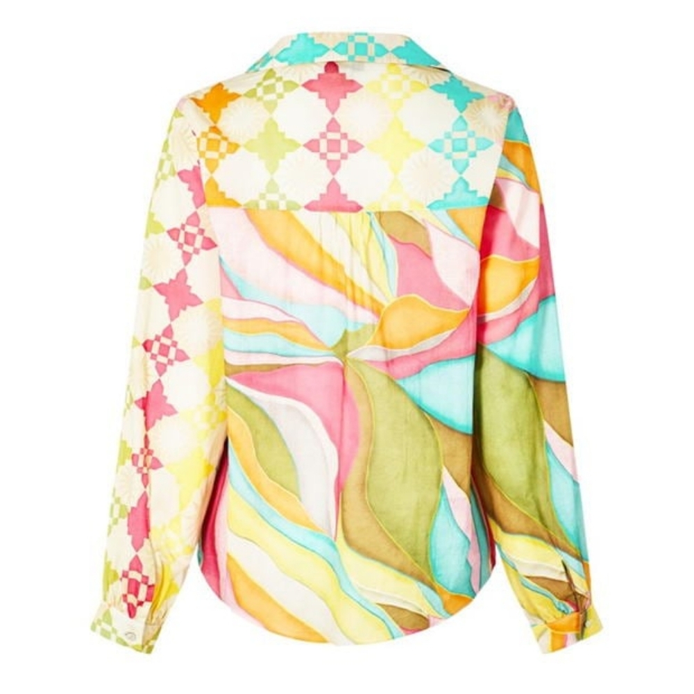 NEVER FULLY DRESSED 'Miley" Button Up Cotton Shirt Multi Pastel Abstract 16 - Picture 6 of 7